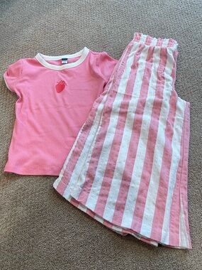 Girls Pink Strawberry Short Sleeve Top & Striped Flare Pants, size 10-12